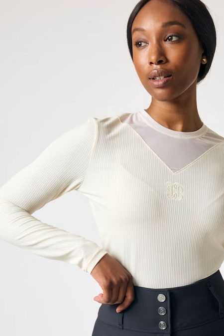PS of Sweden, Leandra LS Striped Mesh Top, Vanilla Beige